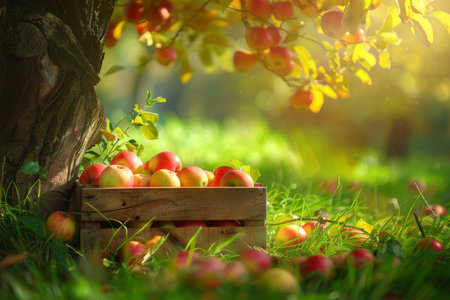 Vibrant apple orchard scene box of apples on grass, sunny day, high quality, detailed image captureの写真素材