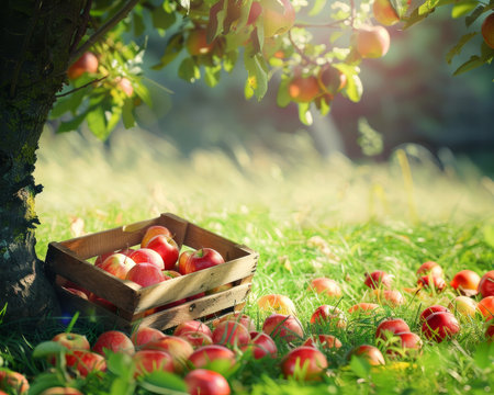 Vibrant apple box under tree on sunny day high quality photo with stunning detailの写真素材
