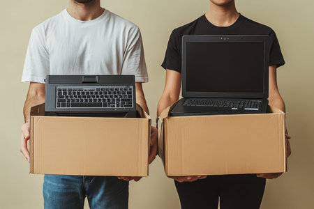 Close up of two individuals holding computer equipment boxes in an office setting with beige tones
