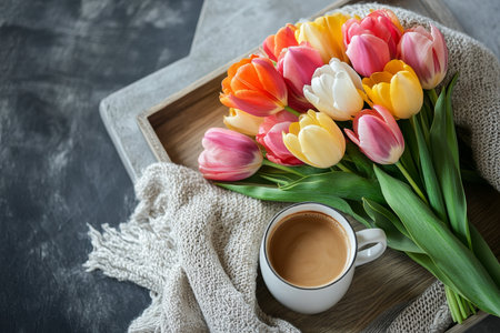 Vibrant tulip bouquet and coffee cup on wooden tray with cozy blanket on gray concrete tableの写真素材