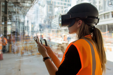 Woman in safety gear engages with holographic blueprints at a busy construction siteの写真素材