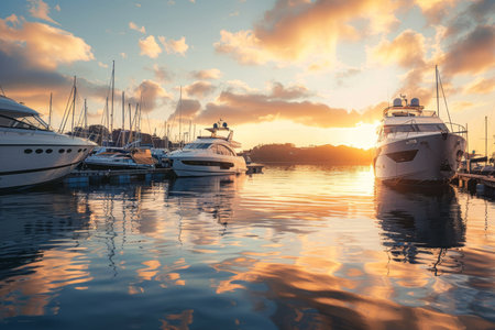 Serene harbor sleek private boats at golden hour for text in picturesque settingの写真素材