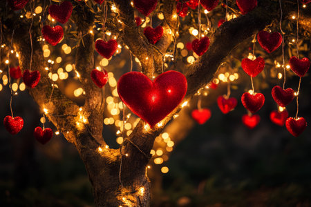 Romantic heart shaped tree decorated with red hearts and twinkling lights for celebrationの写真素材