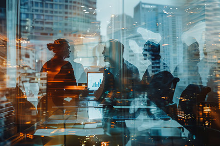 Generative ai enhancing business meeting colleagues and virtual screen in double exposure