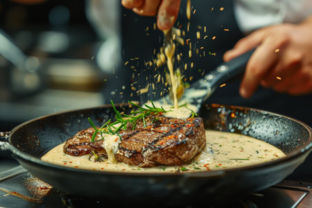 Chef cooking grilled steak in rich lemon butter or spicy cajun sauce with flavorful herbsの写真素材