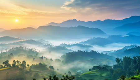 Chiangdao mountain, thailand picturesque sunlit layers and fog enveloped valley landscapeの写真素材