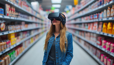 A woman in a retail aisle with vr headset showcasing the fusion of virtual reality and shopping