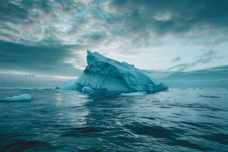 Melting iceberg floating on ocean symbolizing climate change impactの写真素材
