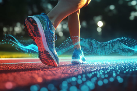 Close up of athletic shoes on track with holographic digital waves showcasing sports technologyの写真素材