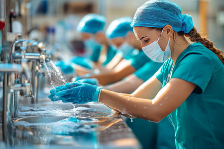 Healthcare workers practicing hand hygiene before patient care in medical facilitiesの写真素材