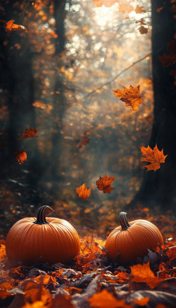 Charming autumn scene with pumpkins and leaves on forest floor for fall season marketing displayの写真素材
