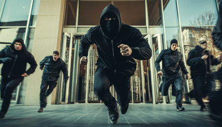 Candid capture of a robbery hooded thief and accomplices escape from a bank heist sceneの写真素材