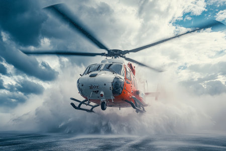 Emergency response helicopter landing for a critical rescue operation in actionの写真素材
