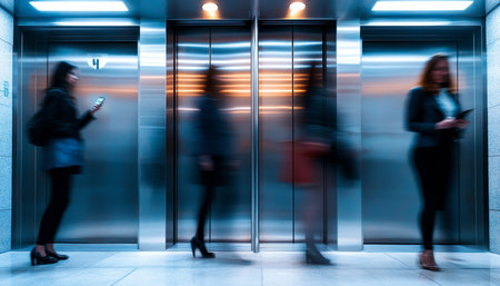 Modern office employees using phones in elevator with blurred background for a contemporary feelの写真素材