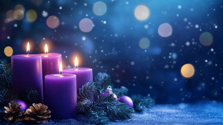 Elegant christmas background with four purple candles, garland, shiny lights, and bokeh effectの写真素材