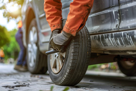 Mechanic assisting with roadside tire change hands unscrewing flat car tire on jack