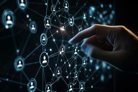 Businessman interacting with social network graph for enhanced customer communication in marketing