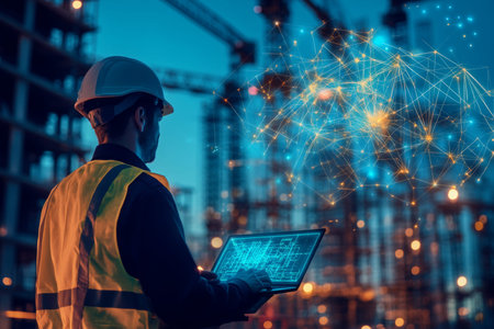 Engineer analyzing holographic construction plans on laptop at modern high rise construction site