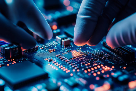 Close up of a gloved hand placing a microchip on a blue circuit board showcasing technologyの写真素材