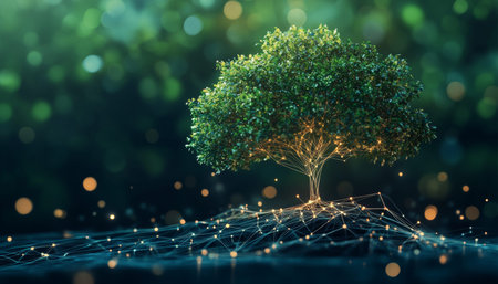 A modern digital tree design blending nature and technology, symbolizing growth and innovation.