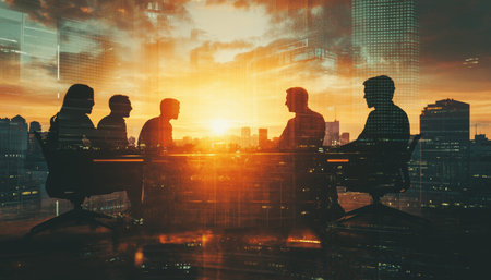 Double exposure photography of business meeting with cityscape, symbolizing teamwork and vision