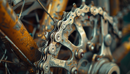 Olympic themed close up bicycle chain and gears revealing mechanical intricacies