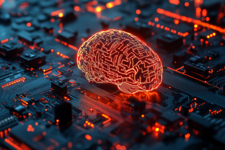 Glowing wireframe brain on circuit board symbolizing advanced artificial intelligence technology