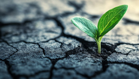 Small green sprout emerges from cracked dry earth, symbolizing growth and hope amidst desolation