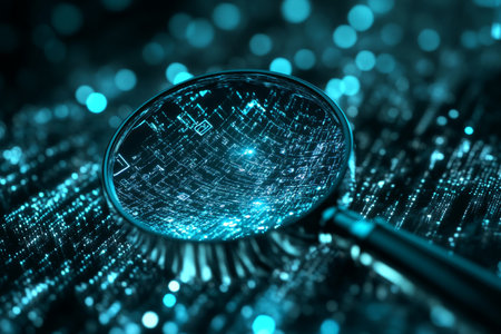 3d magnifying glass focusing light beams on search results in virtual space, symbolizing precisionの写真素材