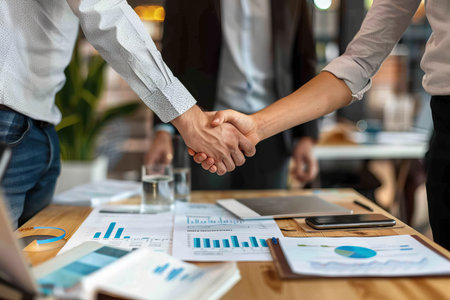 Entrepreneurs shaking hands in a modern workplace with a financial paper graph on the desk, generative ai.の写真素材