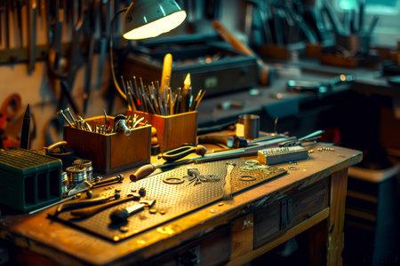 Professional craft jewelry making tools on high quality work desk, close up view