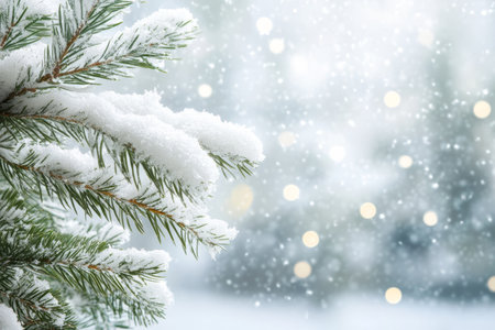 Snow covered christmas tree with bokeh lights, ideal for a winter holiday season bannerの写真素材