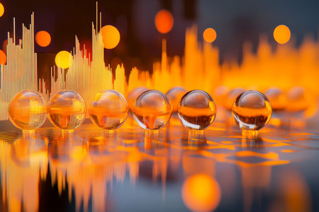 Abstract representation of financial trends stock market charts and orange spheres illustrationの写真素材