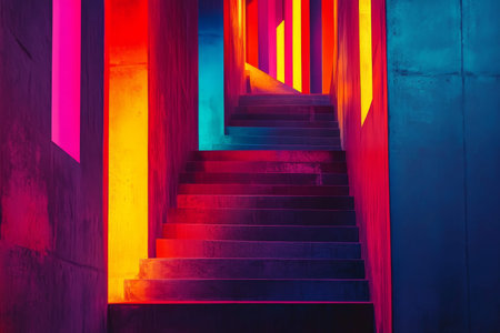Vibrant abstract wallpaper with illuminated multicolored geometric shapes resembling a cityscape