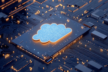 3d render of cloud computing on microchip circuit board a glimpse into digital transformation