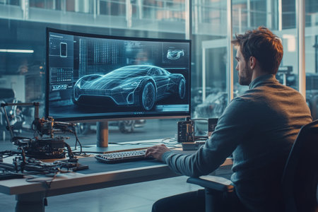 Professional designer and engineer collaborated on futuristic vehicle designs in modern office space