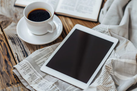 High quality image of newspaper and tablet on wooden table, merging traditional and digital media