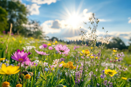 Captivating photography of spring meadows in bloom under the warm glow of the sun s raysの写真素材