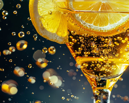 Vibrant image capturing lemon slices placed in a glass filled with a delightful yellow beverageの写真素材