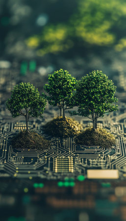 Futuristic integration of nature and technology digital trees emerge from circuitry background