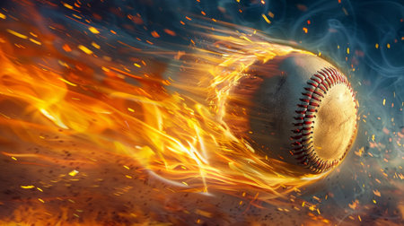 Baseball ball with fiery trail at high speed towards batter in intense velocity