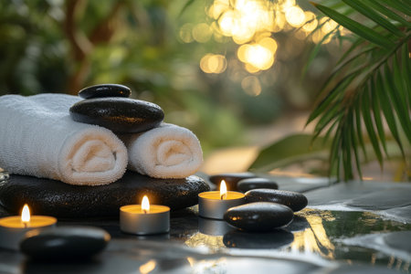 Relaxing spa scene featuring massage stones, towels, and candles amidst a natural settingの写真素材