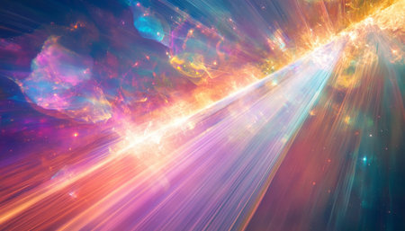 Cosmic prism ethereal light refraction creating celestial shapes in space and time journey