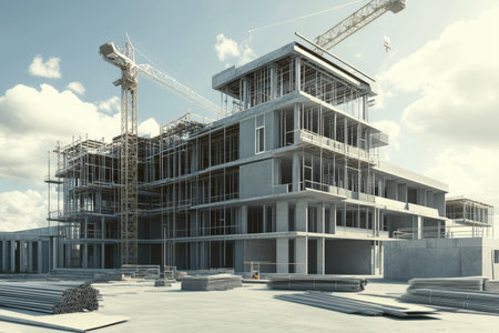 3d illustration depicting a modern building under construction with architectural detailsの写真素材