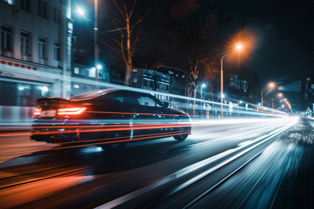 The photo is of high quality. A dynamic long exposure shot of a car speeding through an illuminated urban street at night.の写真素材