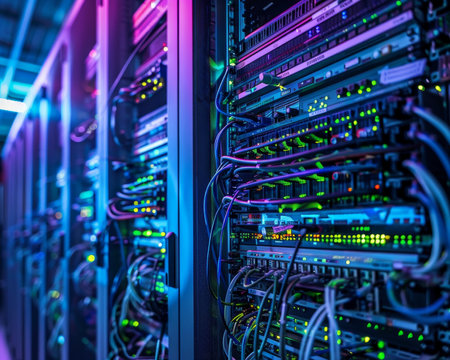 Optimized data center configuration with organized cabling, switch panel, and network frameworkの写真素材