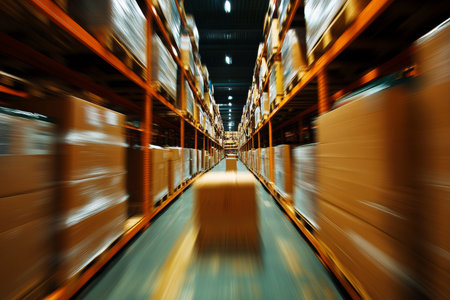 Dynamic warehouse scene with shelves of boxes and busy atmosphere captured in high speed photographyの写真素材