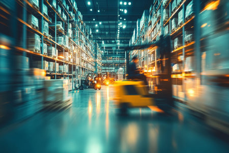 Dynamic warehouse scene with blurred workers and forklifts in a bustling logistics environment