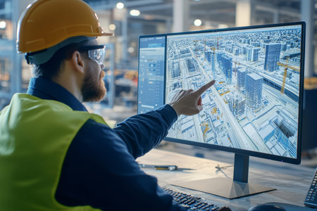 Engineer collaborates on digital twin urban project using bim and advanced 3d modeling software