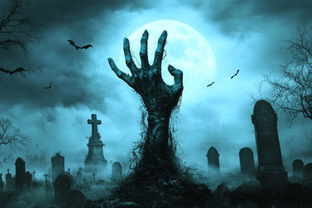 Zombie hand emerges from grave beneath moonlight, surrounded by headstones and bats in dark cloudsのeditorial素材